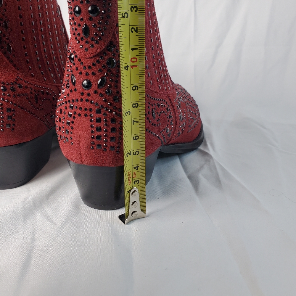 Bibi Lou Red Suede Rhinestone Western Ankle Boots in EU Size 38, US 7.5. - Picture 5 of 13